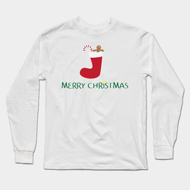 Merry Christmas logo with Red sock, gingerbread cookie, Red and white striped candy and Yellow star on white background Long Sleeve T-Shirt by sigdesign